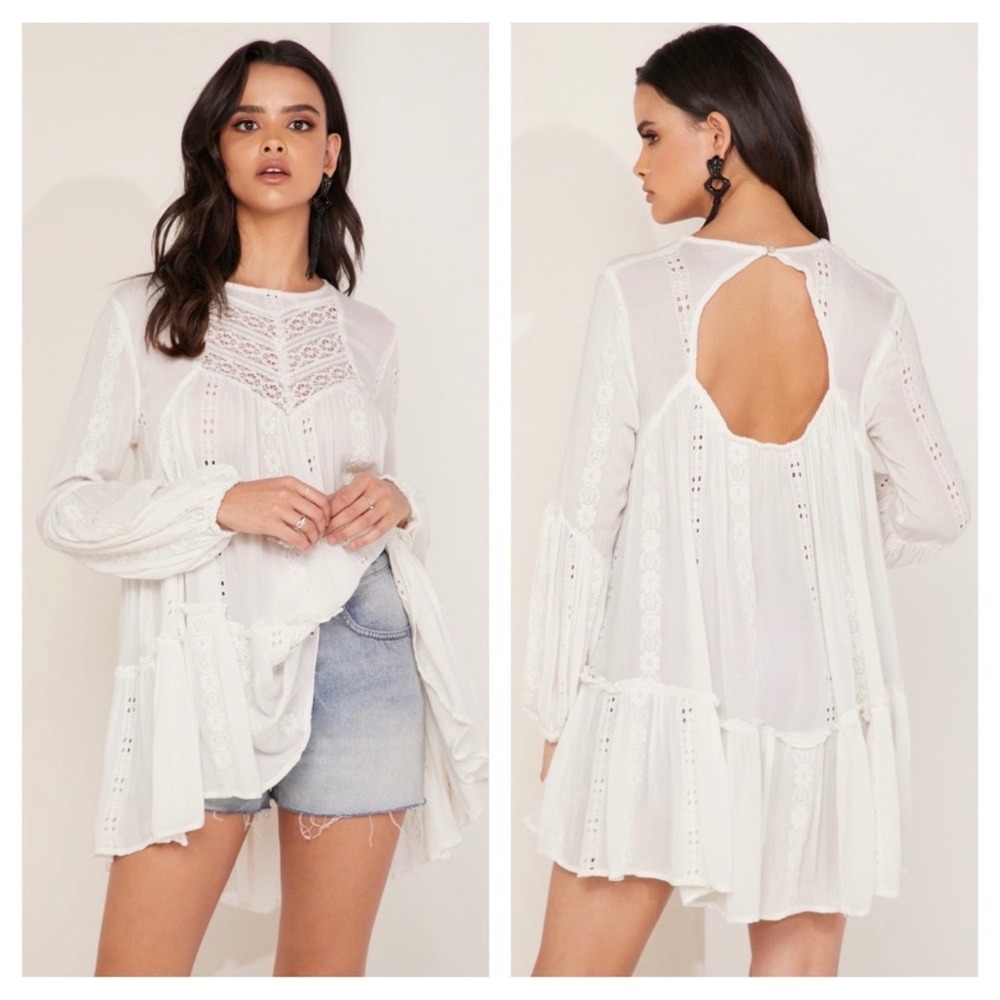 FREE PEOPLE Kiss Kiss Tunic Women Large Ivory Lace Cutout Boho Festival Romantic